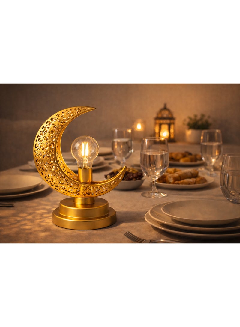 Home Care Golden Crescent Moon Metal Table Lamp Elegant Ramadan & Eid Decorative Night Light - Image 3